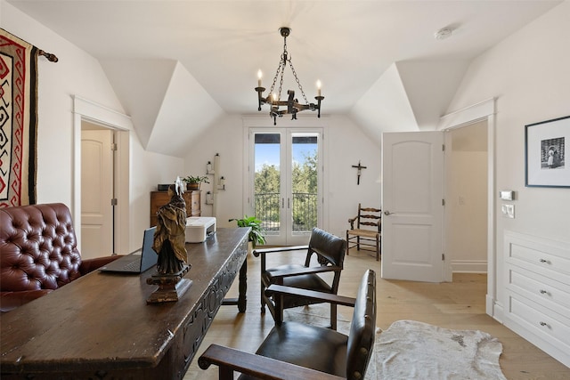 office area with light hardwood / wood-style flooring, lofted ceiling, french doors, and an inviting chandelier