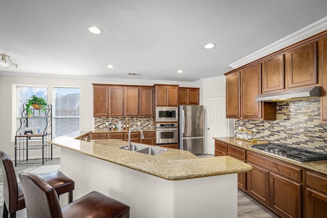 kitchen featuring sink, stainless steel appliances, crown molding, and light stone countertops