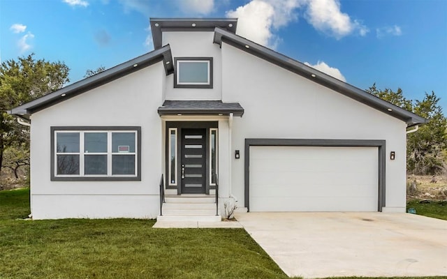 2718 Leslie Ln, San Marcos, TX 78666 - contemporary house with stucco siding, a front yard, driveway, and a garage