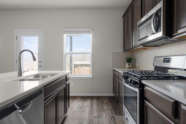 kitchen featuring sink, dark brown cabinetry, a wealth of natural light, and appliances with stainless steel finishes