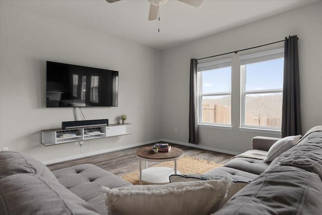 living room with hardwood / wood-style flooring and ceiling fan