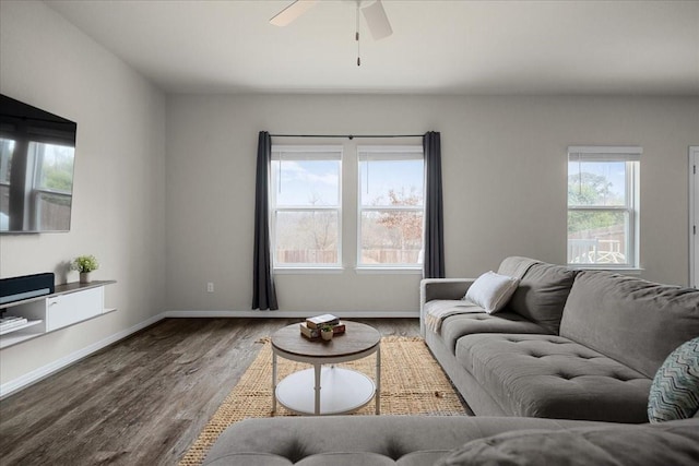 living room with wood-type flooring, a healthy amount of sunlight, and ceiling fan