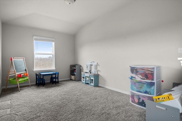 recreation room with carpet and lofted ceiling