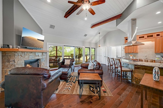 living room with beam ceiling, wood ceiling, a fireplace, dark hardwood / wood-style floors, and high vaulted ceiling