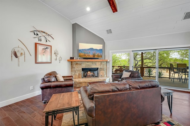 living room with a fireplace, dark wood-type flooring, lofted ceiling, and wood ceiling