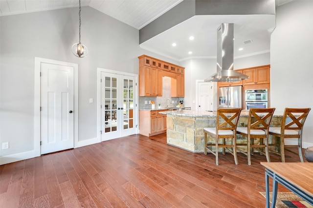 kitchen featuring french doors, appliances with stainless steel finishes, tasteful backsplash, island exhaust hood, and light stone counters