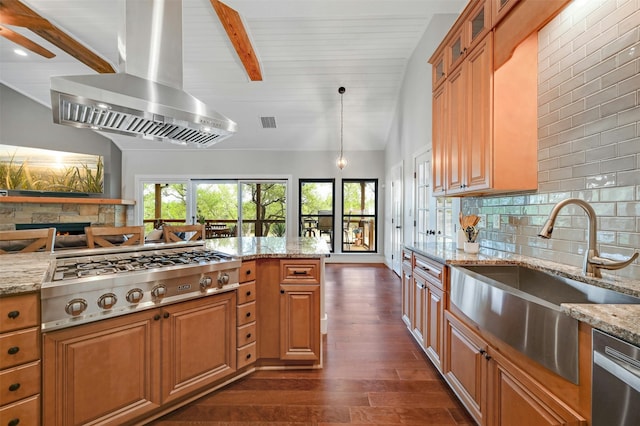 kitchen featuring dark hardwood / wood-style flooring, appliances with stainless steel finishes, backsplash, light stone countertops, and range hood