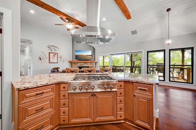 kitchen with decorative light fixtures, wooden ceiling, island exhaust hood, and dark hardwood / wood-style flooring