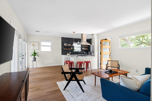 living room with light hardwood / wood-style floors and sink