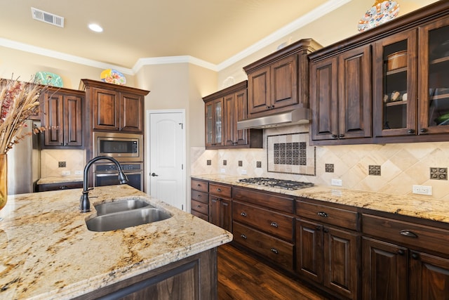 kitchen featuring sink, crown molding, backsplash, dark brown cabinets, and stainless steel appliances