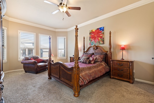 carpeted bedroom featuring crown molding and ceiling fan