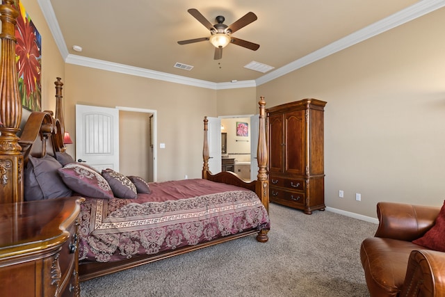 bedroom with ornamental molding, ceiling fan, and carpet flooring