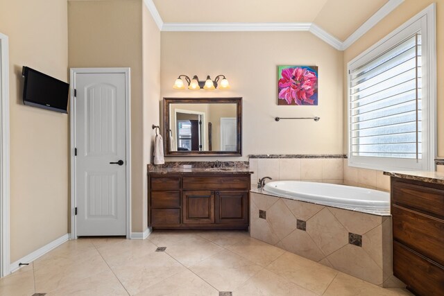 bathroom featuring lofted ceiling, ornamental molding, vanity, a relaxing tiled tub, and tile patterned floors