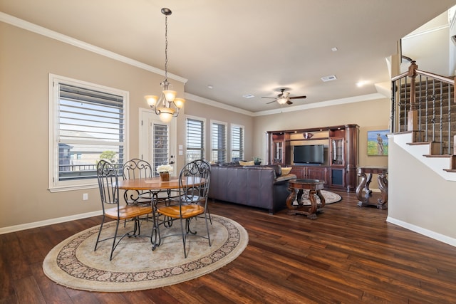 dining area with dark wood-style floors, stairway, plenty of natural light, and visible vents