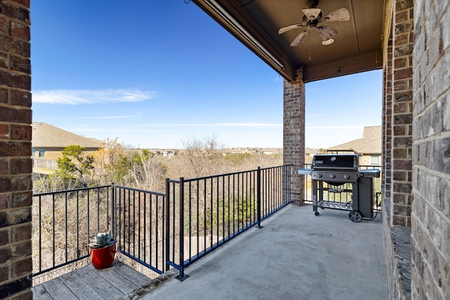 balcony featuring area for grilling and ceiling fan