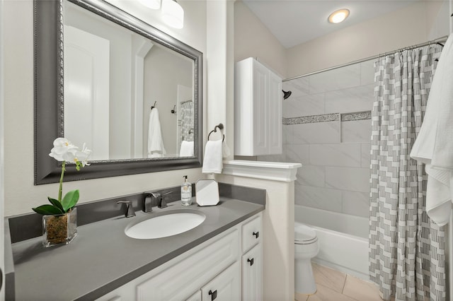 full bathroom featuring shower / bath combo, toilet, tile patterned flooring, and vanity