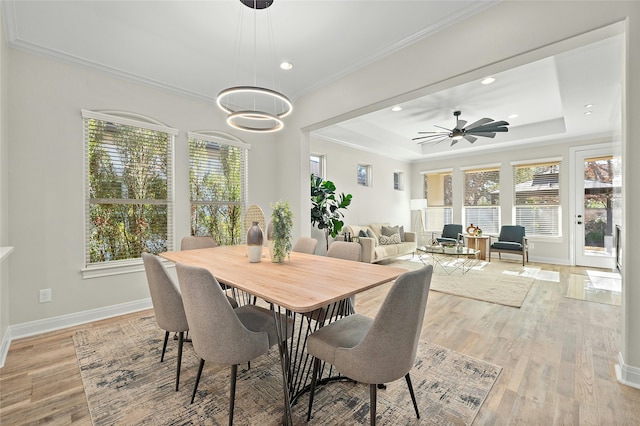 dining area featuring crown molding, light hardwood / wood-style floors, ceiling fan with notable chandelier, and a tray ceiling