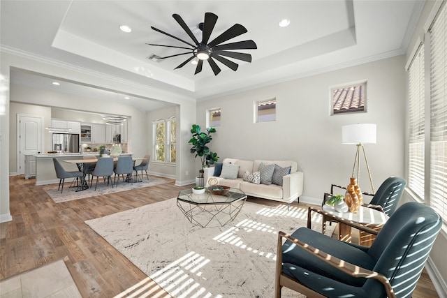 living room with ornamental molding, light hardwood / wood-style flooring, and a raised ceiling