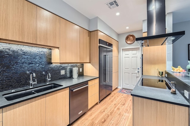 kitchen with sink, island range hood, appliances with stainless steel finishes, light hardwood / wood-style floors, and backsplash