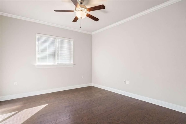 unfurnished room with dark hardwood / wood-style floors, ceiling fan, and ornamental molding