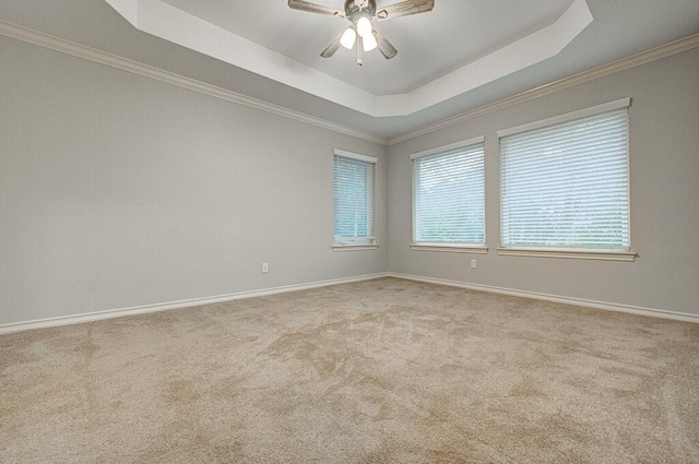 carpeted spare room featuring ceiling fan and a raised ceiling