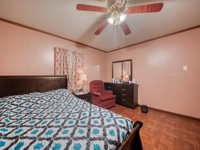 bedroom with parquet flooring, ornamental molding, and ceiling fan