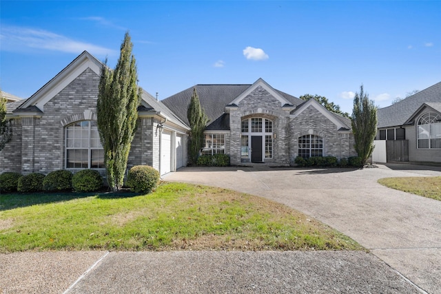 french provincial home with a garage and a front lawn