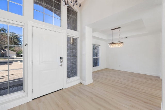 entrance foyer featuring a tray ceiling and light wood-type flooring