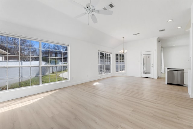 unfurnished living room with light wood-type flooring, ceiling fan with notable chandelier, and lofted ceiling