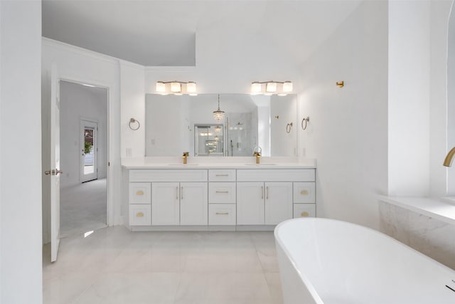 bathroom with tile patterned floors, vanity, lofted ceiling, and shower with separate bathtub