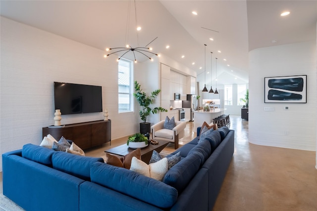 living room featuring an inviting chandelier