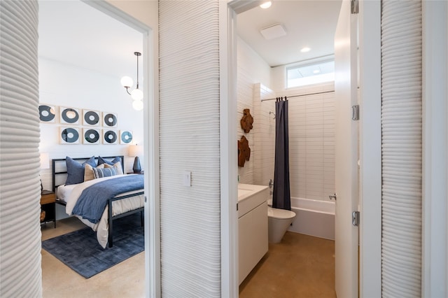 interior space with vanity, toilet, and shower / bath combo