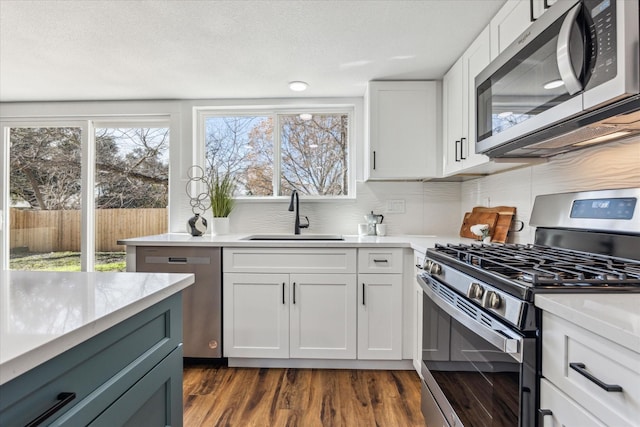 kitchen featuring white cabinetry, decorative backsplash, sink, stainless steel appliances, and a healthy amount of sunlight