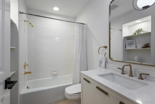 full bath featuring visible vents, shower / bathtub combination with curtain, toilet, and vanity