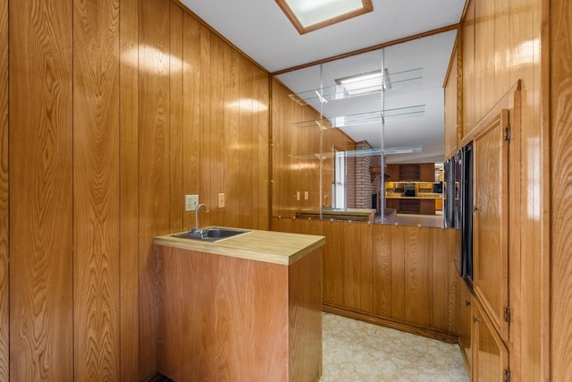 bar featuring sink and wood walls