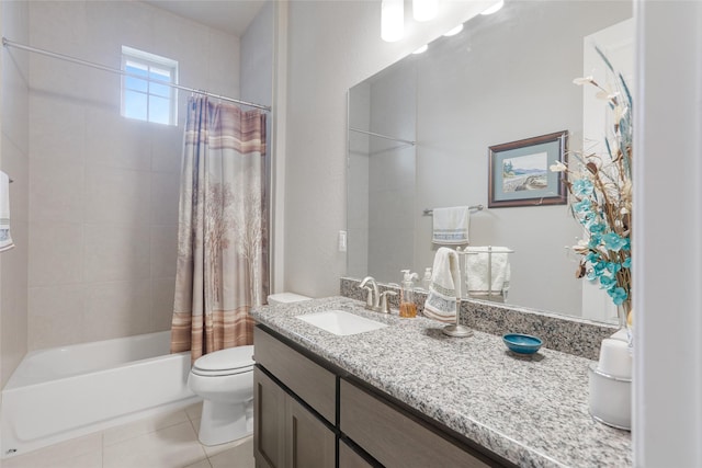 full bathroom with vanity, toilet, shower / bathtub combination with curtain, and tile patterned flooring