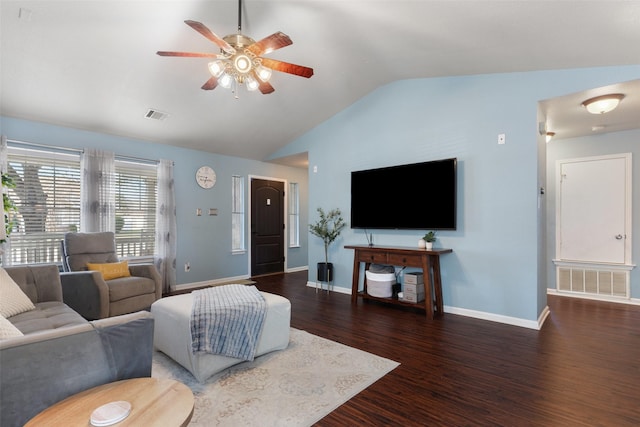 living room featuring ceiling fan, dark wood-type flooring, and lofted ceiling