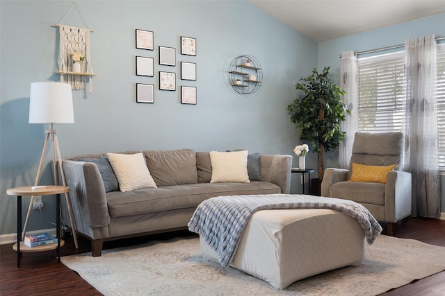 living room with vaulted ceiling and wood-type flooring