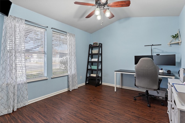 office space with ceiling fan, dark hardwood / wood-style floors, and lofted ceiling