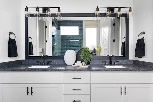 bathroom featuring walk in shower and vanity