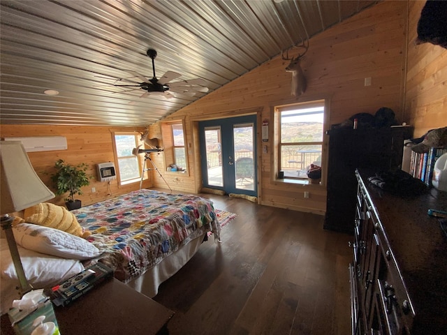 bedroom featuring wood ceiling, french doors, access to outside, dark hardwood / wood-style flooring, and vaulted ceiling