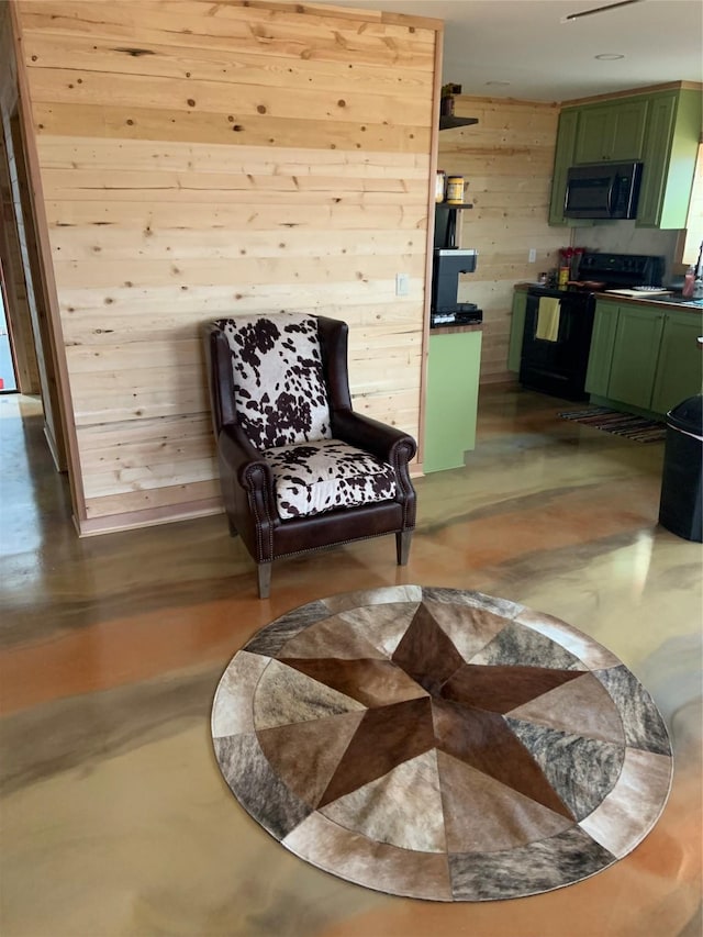 living area with wooden walls