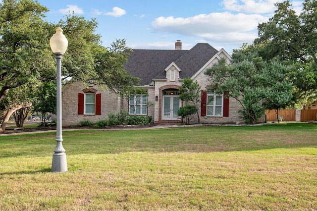 french country style house featuring a front yard and french doors