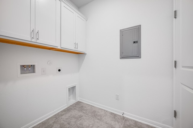 laundry room with hookup for a washing machine, cabinet space, gas dryer hookup, electric dryer hookup, and electric panel