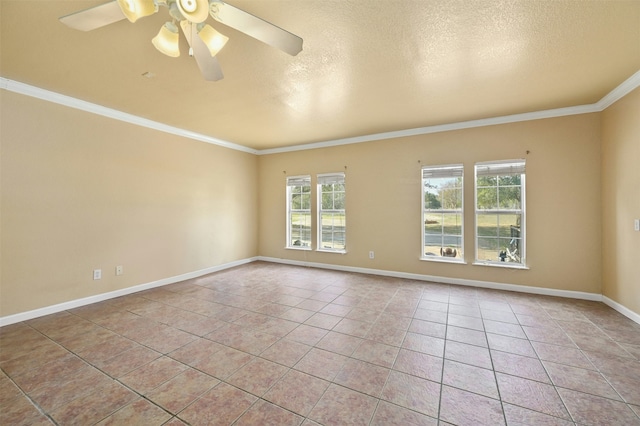 empty room with light tile patterned flooring, ceiling fan, a textured ceiling, and crown molding