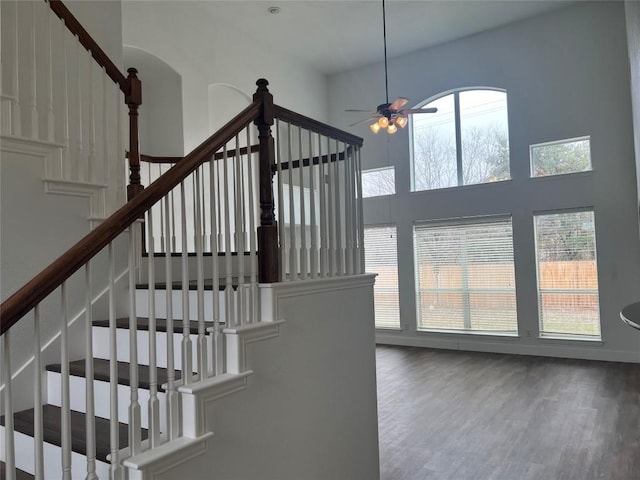 stairway featuring hardwood / wood-style flooring, plenty of natural light, a high ceiling, and ceiling fan