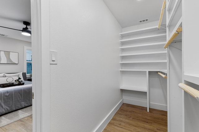 spacious closet featuring hardwood / wood-style floors and ceiling fan