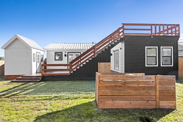 exterior space featuring a wooden deck and a storage unit