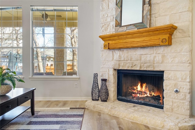 details with wood-type flooring and a stone fireplace