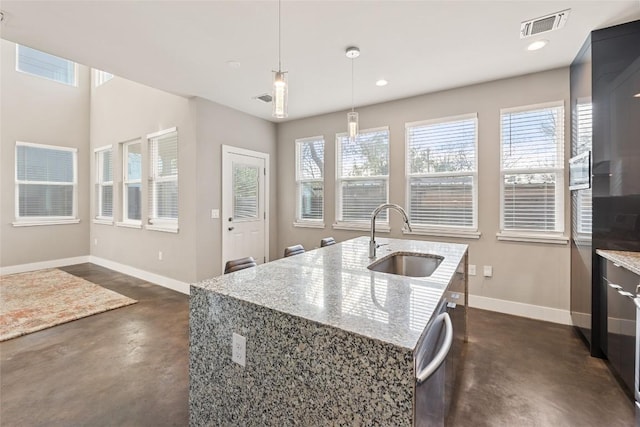 kitchen with concrete flooring, a healthy amount of sunlight, visible vents, and a sink